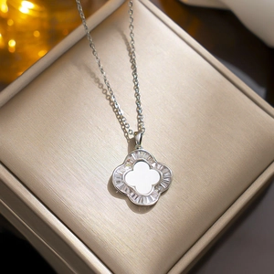 Silver stainless steel four leaf clover necklace with white shell and zircon in gift box
