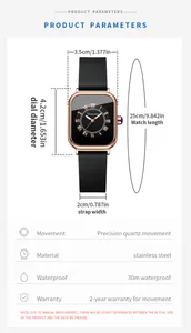 Detailed technical specifications showing dial and strap dimensions for the quartz watch