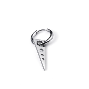 Detailed view of silver hoop earring with triangle pendant featuring three circular cutouts