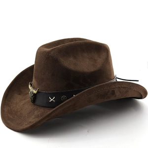 Western Cowboy Hat Faux Suede Wide Brim Retro American Style Bull Head Decor Band Star Rivets Cross Stitching Outdoor