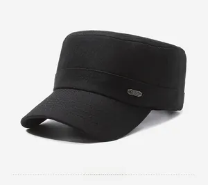 Detail of classic black cadet cap showing twill cotton texture and silver metal fashion tag