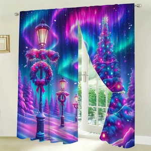 Detail view of polyester curtains featuring magical snowy Christmas landscape and aurora