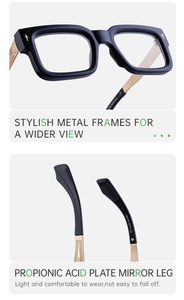Detail view of black square eyeglass frames with gold and black metal拼接 temple design