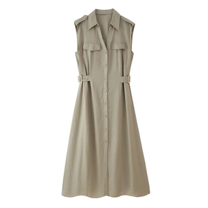 Women Sleeveless Maxi Shirt Dress Linen Texture V-Neck Button Down Cargo Style With Pockets Casual Adjustable Waist A-Line