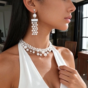 Baroque pearl jewelry set with layered rhinestone necklace and tassel drop earrings