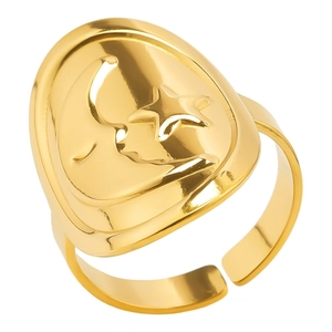 Bague réglable en acier inoxydable doré avec motifs lune et étoile pour hommes et femmes