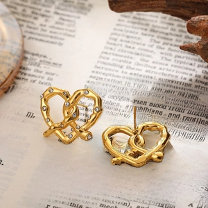 18K gold stainless steel pretzel knot heart earrings with sparkling crystal accents