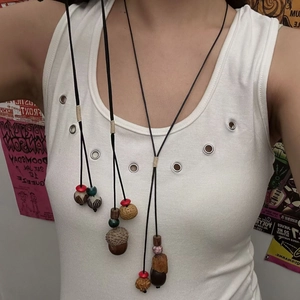 New Chinese Zen vintage ceramic long necklace with bohemian wood and seed pendants