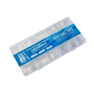 600pcs clear extra long soft gel full cover nail tips in a 12-size plastic storage box