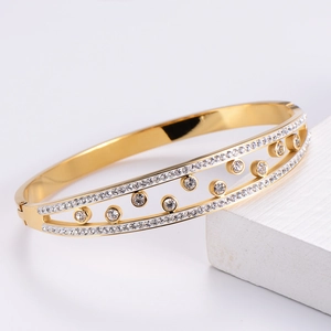 18k gold plated titanium steel bangle with double-row sparkling crystal pavé