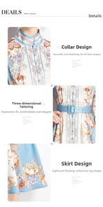 Close-up of stand collar with traditional buttons and floral print on white chiffon dress