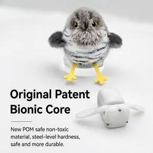 Interactive gray and white electric flying bird cat toy with durable POM bionic core