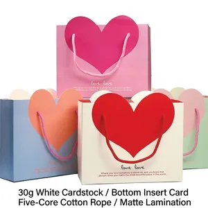 Heart Shaped Handle Gift Paper Bags White Cardboard Handbags For Wedding Valentine Mother Day Love Printed