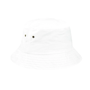 Dettaglio cappello alla pescatora in cotone bianco con occhielli in bronzo e tesa cucita