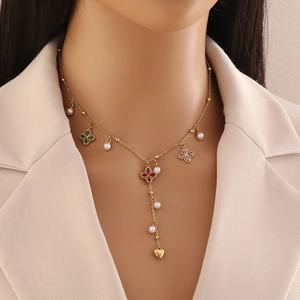 Stainless Steel Y Necklace With Imitation Artificial Pearl Butterfly Flower Clover Heart Pendants Gold Plated Elegant Women Jewelry