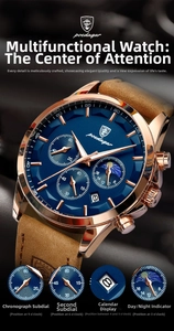 Detail of waterproof quartz watch featuring blue sunburst dial and rose gold case