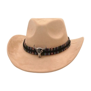 Tan western cowboy hat featuring a silver bull head ornament and woven decorative band