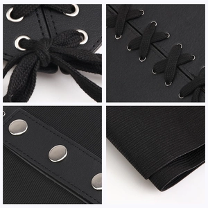 Vintage black elastic corset belt with PU leather lacing and metal snap buttons
