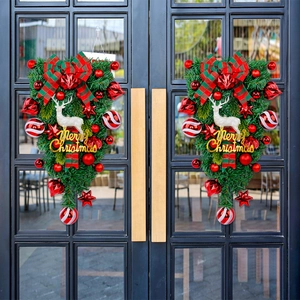 Christmas Teardrop Wreath Artificial Pine Swag With Plaid Bow Reindeer Sign For Front Door Holiday Home Decor