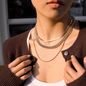 Three-layer 18K stainless steel necklace set with gold and silver snake and Cuban chains
