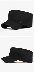 Detail shot of black cotton canvas cadet cap with metallic Sports Style side emblem
