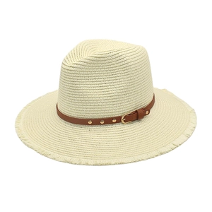 Detail of beige straw fedora with frayed edges and brown faux leather studded band
