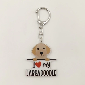 Detailed close-up of acrylic Labradoodle keychain with I Love My Labradoodle print
