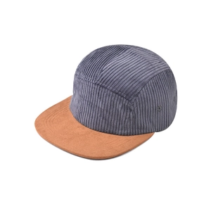 Top view of five-panel corduroy baseball cap with grey crown and brown suede brim
