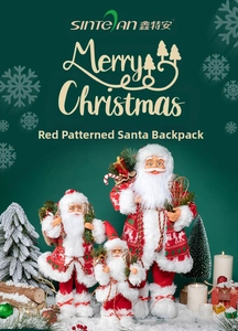 Detail of Christmas Santa Claus doll set with red patterned coats and gift backpacks