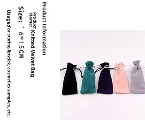 Detail view of 6x15cm drawstring velvet pouches in five colors for lipstick storage
