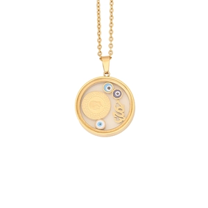 Gold stainless steel evil eye necklace with Arabic Karam script in a hollow pendant