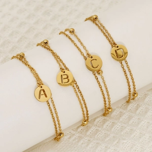 Bracelet Acier Inoxydable 304 Plaqué Or 18K Double Chaîne Avec Pendentif Rond Lettre Initiale Ajourée Bijou Femme