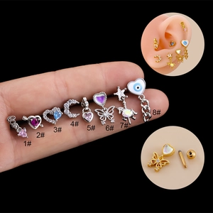 Surgical steel cartilage earrings set featuring zircon heart moon and butterfly studs