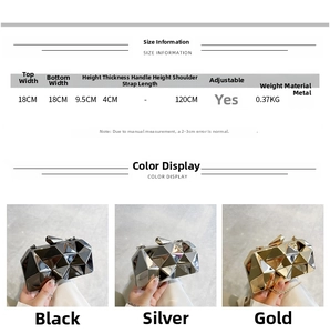 Size chart and color options for glossy geometric evening clutch with chain strap