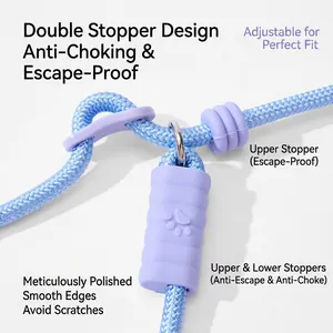 Blue woven dog P-rope leash with purple dual limit buckles and adjustable hardware