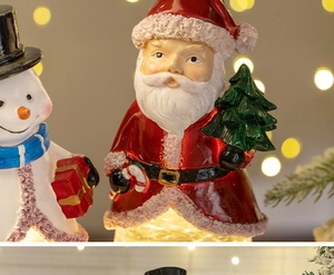 Close-up of Santa Claus and snowman Christmas lantern with warm glowing LED lights