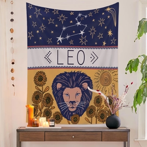 Detail of Leo zodiac wall tapestry featuring blue and gold lion head art and sunflowers