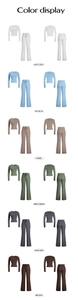 Color display of women's ribbed knit Y2K slim-fit long sleeve top and flare pants set