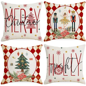Christmas Pillowcases Cushion Covers Linen Blend Nutcracker Merry Christmas Print For Home Sofa Holiday Decoration Festive