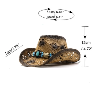 Detailed size specifications for wide brim cowboy hat with turquoise band and rustic finish
