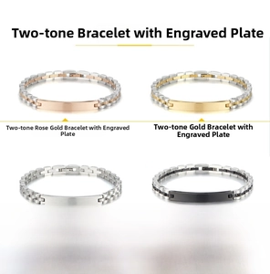 Polished stainless steel bracelets in gold, silver, rose gold and black with curved plate
