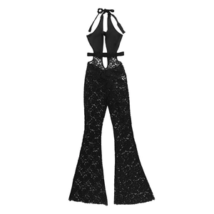 Detail of sheer black lace fabric and halter neck design on flare leg jumpsuit