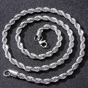 Polished silver stainless steel rope chain necklace with secure lobster clasp on black background