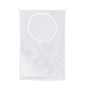 Hanging white mesh laundry bag with large opening and bottom zipper for bathroom storage