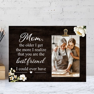 Wooden photo frame holder with vintage finish and heartfelt mother quote on marble top