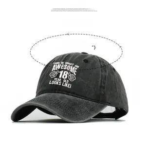 Detail view of cotton baseball cap showing 18th birthday embroidery and dimensions