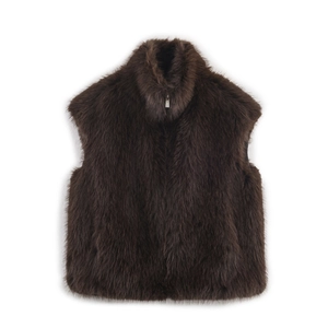 Women Faux Fur Vest Stand Collar Zipper Sleeveless Waistcoat Solid Coffee Polyester Warm Autumn Winter Casual Outerwear