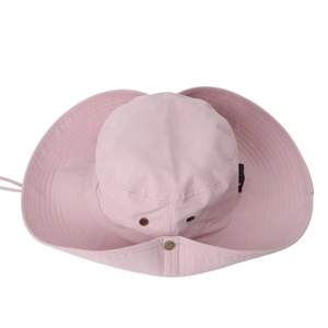 Close-up of pink sun hat with wide brim, side ventilation holes and adjustable chin strap