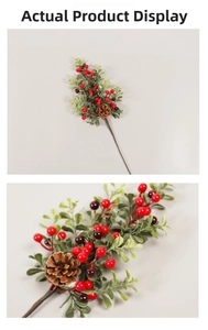 Detailed macro view of artificial red berries and natural pine cone for Christmas decor