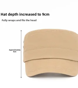 Detailed side view showing the 9cm depth of this khaki cotton flat top military cap